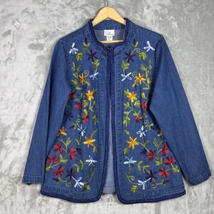 VTG Embroidered Denim Jacket Women XL Floral Boho Cottagecore Open Front Jean